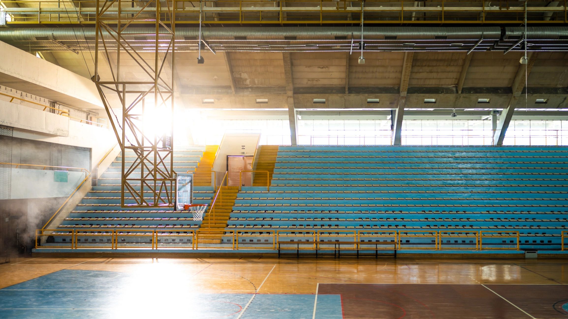 Indoor basketball court ready for an event