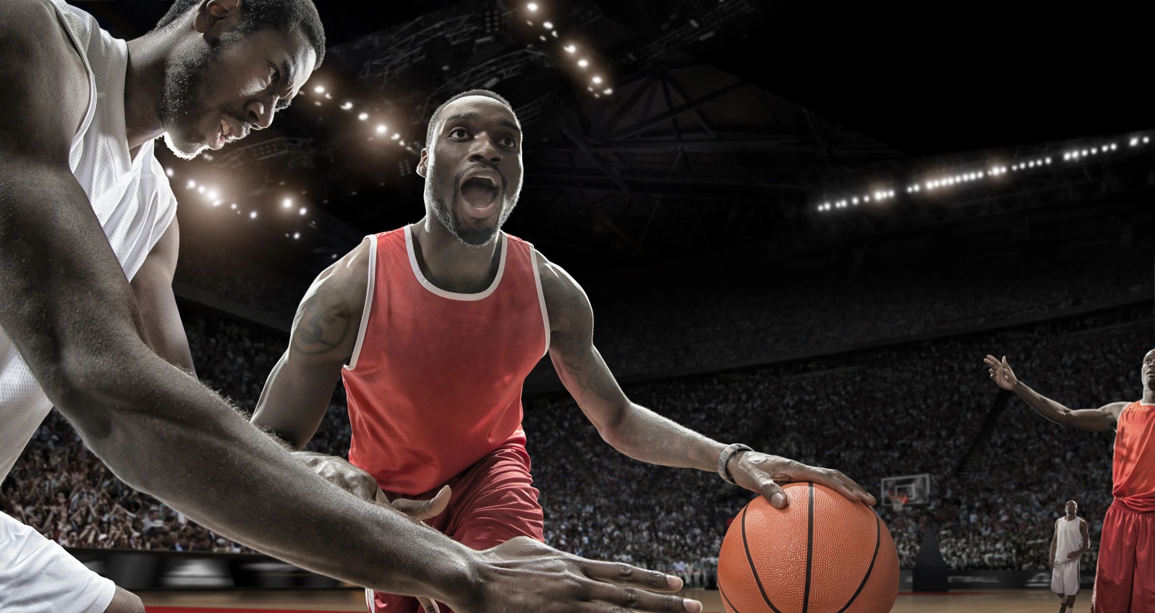 Close-up basketball action during a competitive game